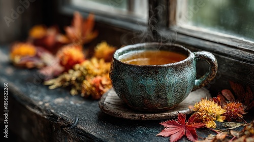 Steaming hot tea cup on windowsill amid autumn leaves, serene and warm