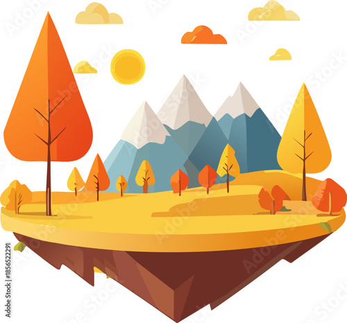Autumn landscape with trees and mountains on a floating island