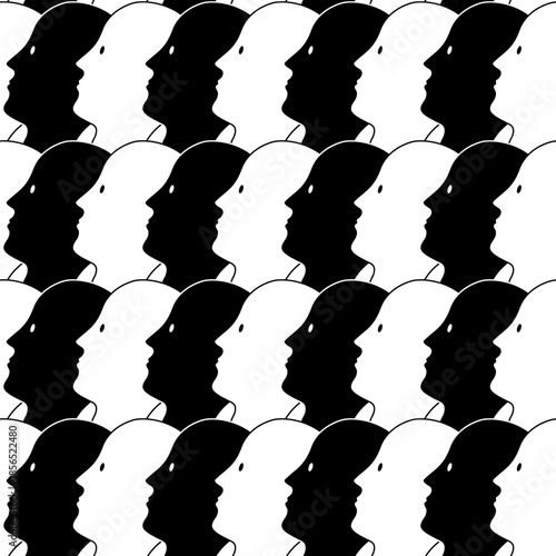 Seamless human figure pattern, black and white vector design, abstract background, illustration.