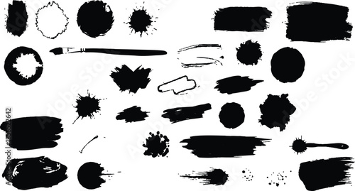 Set of black ink splashes and grunge color stains with vector splat silhouettes and brush texture elements for artistic design