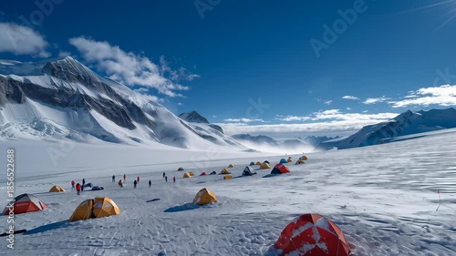 Polar expedition base camp with colorful tents on a vast frozen glacier surrounded by snow covered mountains under a clear blue sky