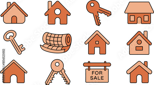 Set of home and real estate icons featuring various stylized house shapes keys construction materials and property concept flat vector graphic