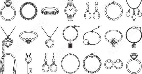 Collection of outline style jewelry and accessories icons on white background ring