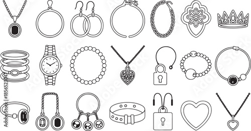 Collection of outline style jewelry icons including necklaces bracelets rings earrings and watches pendant