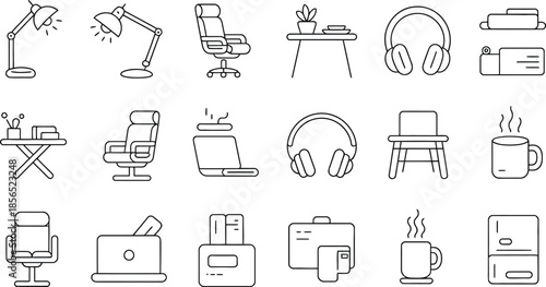 Set of home office and remote work icons including desk lamps, office chairs, laptops, headphones, and coffee on transparent background