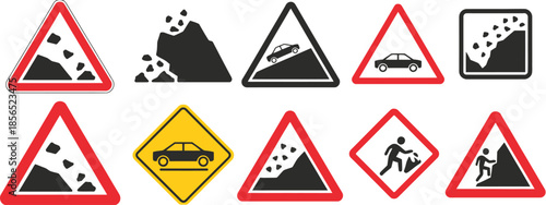 Landslide and falling rocks warning sign, debris hazard caution symbol, triangular road safety icon, dangerous terrain alert illustration, protective safety signage for highways
