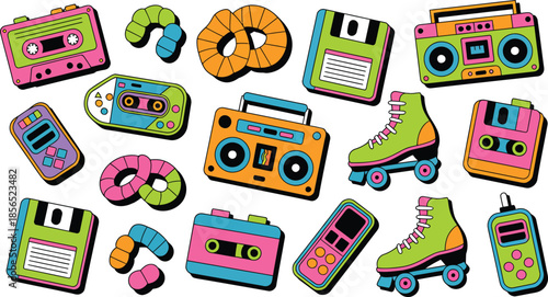 Set of retro 80s and 90s vintage items including cassette tapes, floppy disks, boomboxes, and roller skates on transparent background