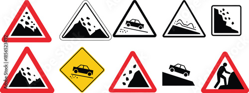 Falling rocks debris landslide warning sign, caution symbol for hazardous terrain, road safety alert, triangular danger icon, rockfall hazard illustration, safety and protection concept