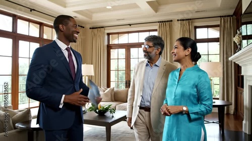 Real estate agent showing a couple a luxury home, discussing features and benefits.