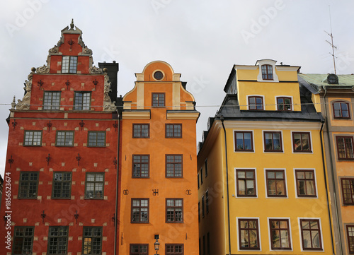 Close up of Colorful Historic Homes of Gamla Stan in Stockholm, Sweden