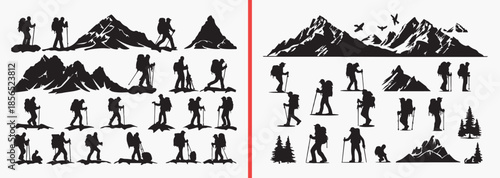 camping silhouette clipart, hiking people icons, outdoor adventure figures, mountain activity silhouettes, trekking pose illustration, black white outdoor clipart, printable camping silhouettes, trave
