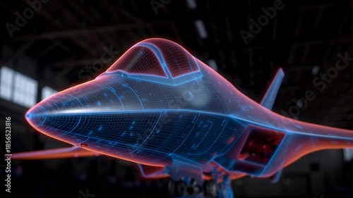 Engineers present a futuristic airplane design highlighting its streamlined shape and high-tech features. The focus shifts to intricate details and unique structures of the aircraft