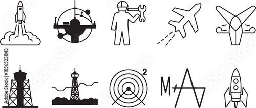 Rocket launch airplane mechanic control tower radar and abstract science symbols space smoke