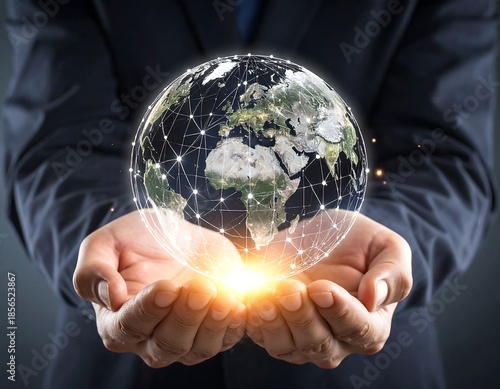 Man in suit holding a digital Earth globe, light emanating from below