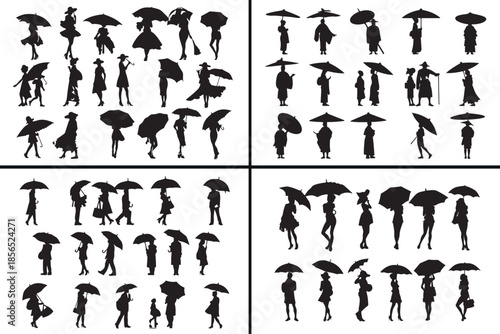 umbrella people silhouettes vector, rain walking clipart, rainy day svg, weather illustration, people with umbrella graphics, black rain silhouettes, monsoon vector art, city rain design, umbrella pos