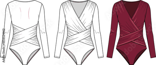 Women bodysuit fashion technical drawing, long sleeve wrap design, vector apparel illustration, female leotard flat sketch, modern clothing template, front back view, isolated white background