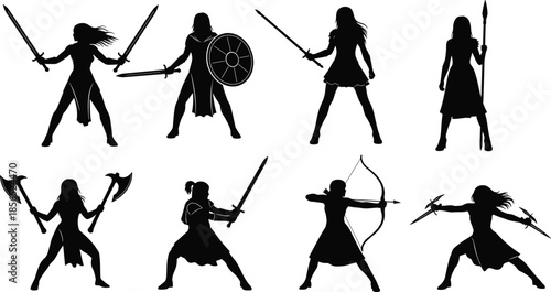 Female warrior silhouettes collection with swords shields axes bow spear fighting poses fantasy women fighters black vector illustration isolated white background design action characters