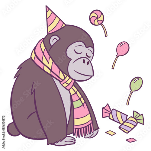Vector illustration of a Sleepy Gorilla with with a scarf, styled in a Birthday theme using Candy Shop colors