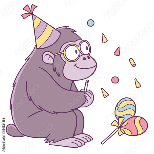 SVG art: A Amused Gorilla in a Birthday vibe with wearing glasses, tinted with Candy Shop tones