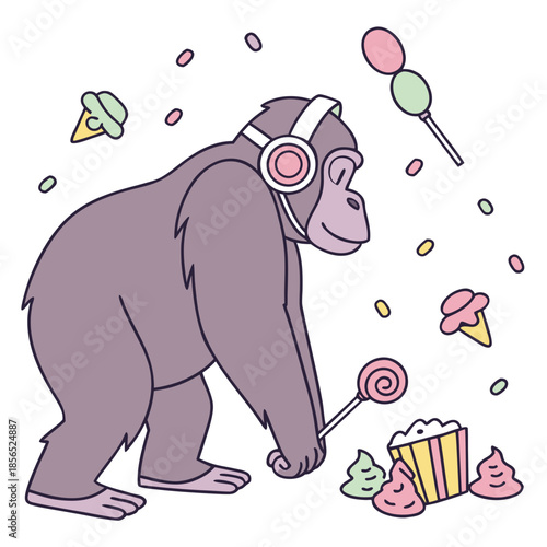 Delightful Funny Gorilla in a Birthday scene with wearing headphones – Candy Shop vector illustration