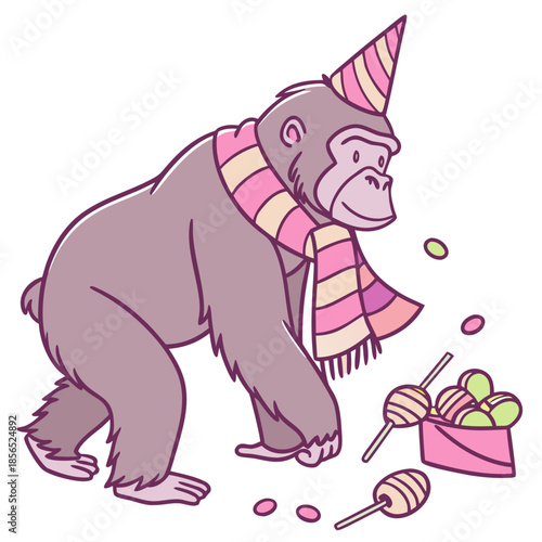 Charming SVG of a Loving Gorilla featuring with a scarf, styled in a Birthday theme with Candy Shop hues