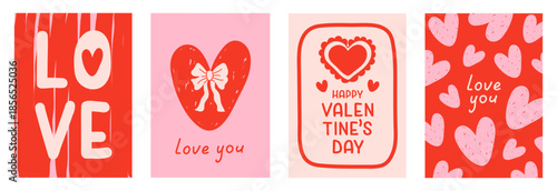Set of vertical Valentine' s Day cards in hand drawn style. Template for cards, branding, banner, cover, label, poster. Vector illustration