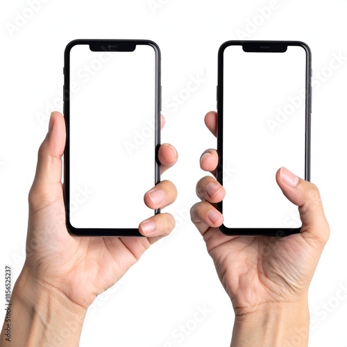 Two smartphones with blank screens held up by two hands, isolated (2)