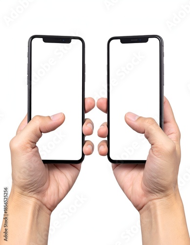 Two hands each holding a smartphone with a blank white screen