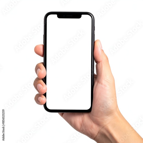 A hand holding a black smartphone with a blank white screen