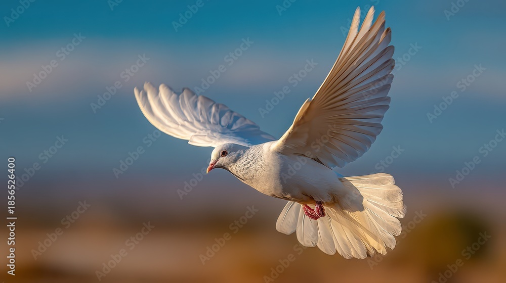 Obraz premium Dove in mid-air with outstretched wings over soft clouds at dawn
