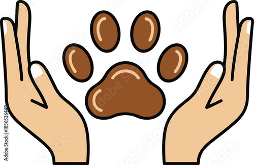 Hands Protecting Paw Print Symbol Flat Cartoon Vector Illustration for Pet Care, Veterinary, Insurance, and Animal Protection Design