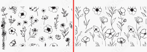 hand drawn floral vector, botanical flower illustration, sketch flower clipart, wild plant line art, floral doodle svg, garden flower drawing, botanical sketch set, floral outline vector, natural flow