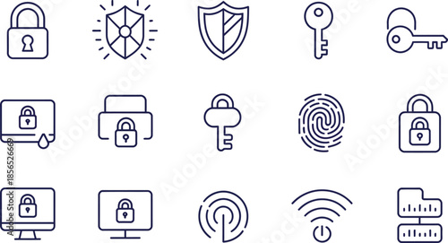 Security and privacy icons lock key shield fingerprint computer network for protection data safety vector illustration