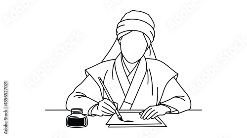A detailed illustration of a traditional scholar writing with a brush and ink