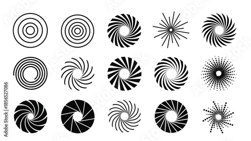 Collection of abstract spiral and circular designs in black and white