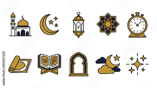 Ramadan Kareem and Islamic Religious Icon Set, Mosque and Prayer Vector Symbols