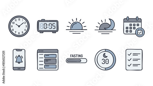 Ramadan Fasting Tracker and Schedule Icon Set, Islamic Prayer Time UI Vectors