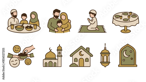 Muslim Family Ramadan Activities Vector Illustration Set, Iftar and Prayer Scenes