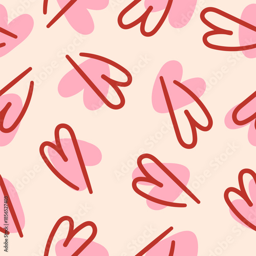 Seamless pattern with cute linear hand drawn hearts. Vector romantic background in retro style for textile, wallpaper, wrapping paper, web design.