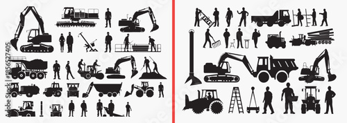 construction machinery silhouettes, industrial equipment vector, heavy machine clipart, construction site svg, engineering vehicle illustration, builder equipment shadows, industrial tools design, con