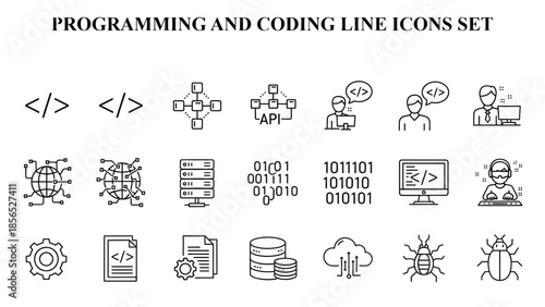 Collection of delicate line art icons representing various programming concepts including brackets code structure debugging testing and algorithmic development tasks