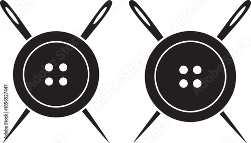 Two black buttons crossed with two sewing needles icon set