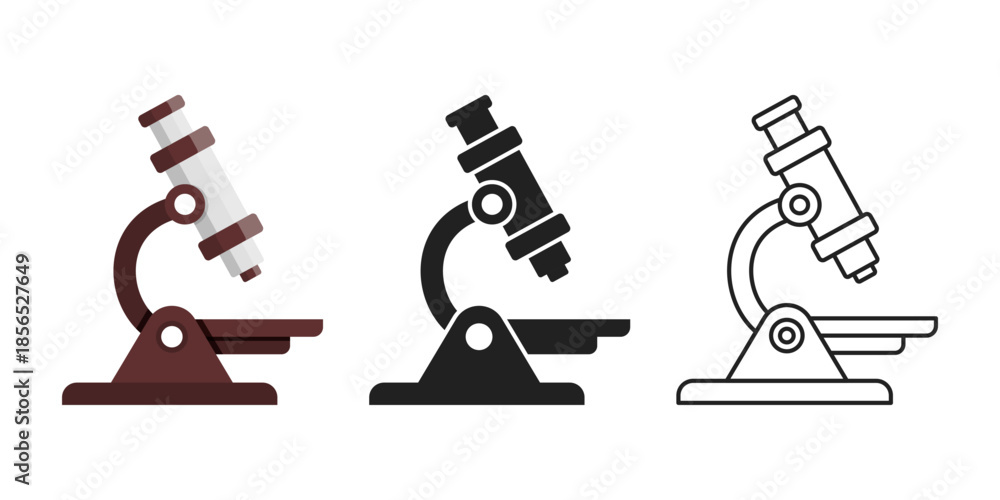 Obraz premium Microscope icon set collection in flat style. Laboratory analysis vector illustration on isolated background. Biological research sign business concept.