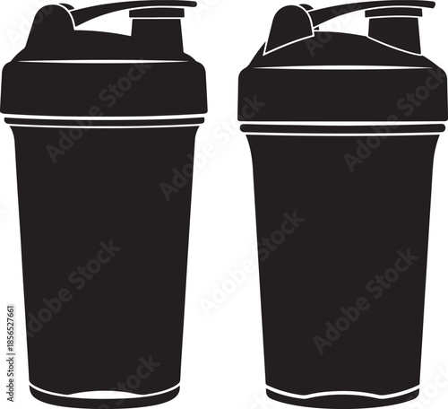 Two black protein shaker bottles icon set