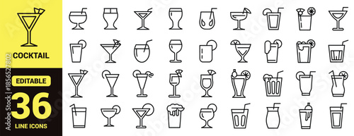 Tropical Cocktail and Summer Drink Line Icon Set with Margarita, Martini, Juice Glass, Beverage Garnishes and Party Alcohol Symbols