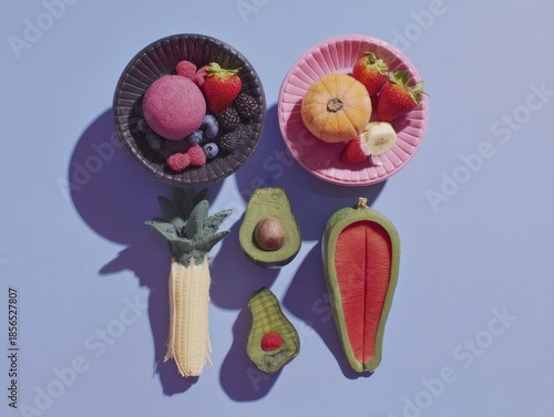 A vibrant arrangement of colorful fruits and smoothies showcasing healthy eating trends in a stylish flatlay.