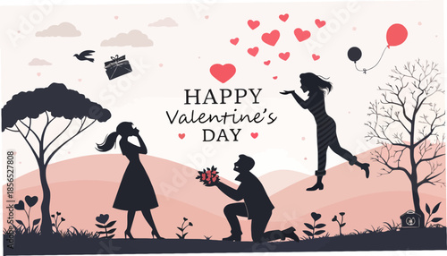 Romantic Valentine's Day scene with couple proposals and heart decorations