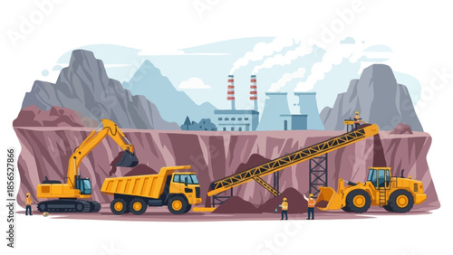 A flat vector illustration of an industrial mining site with heavy machinery in operation