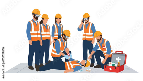 Flat vector illustration of CPR emergency response in an industrial workplace