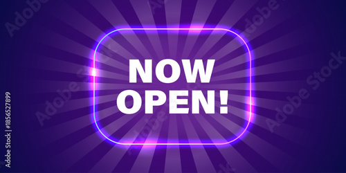 Neon now open sign icon in flat style. Signboard vector illustration on isolated background. Welcome banner sign business concept.